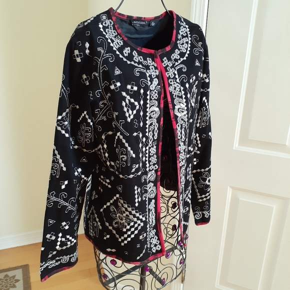 Notations Cotton Jacket Cardigan Silver Embroidery Beads Size S Black Red Artsy - Picture 4 of 17